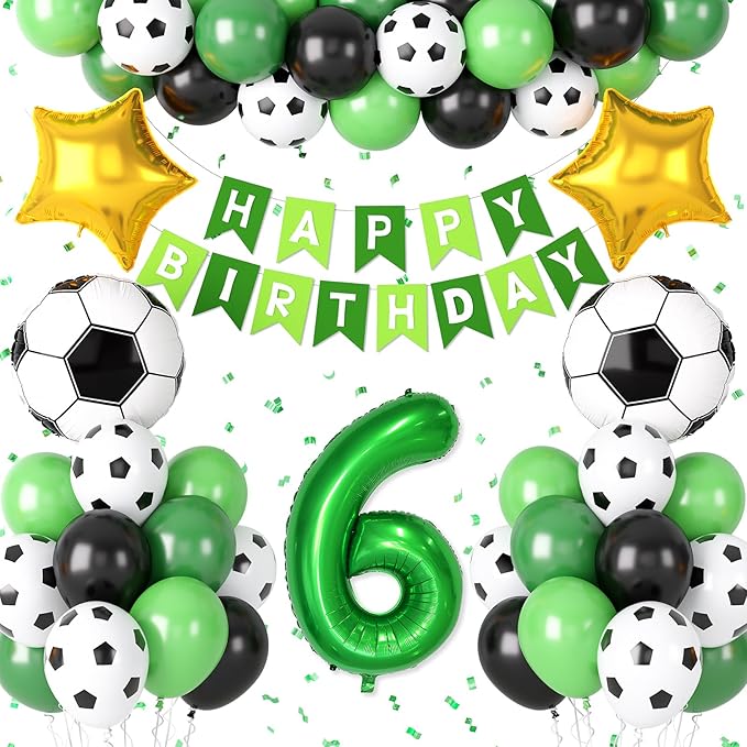 Soccer Birthday Party Decorations for Boys, 6th Soccer Party Decoration with Green Black White Balloons 'HAPPY BIRTHDAY' Banner Cake Toppers 32in Foil 6 Balloon for Boys Men Birthday Decor