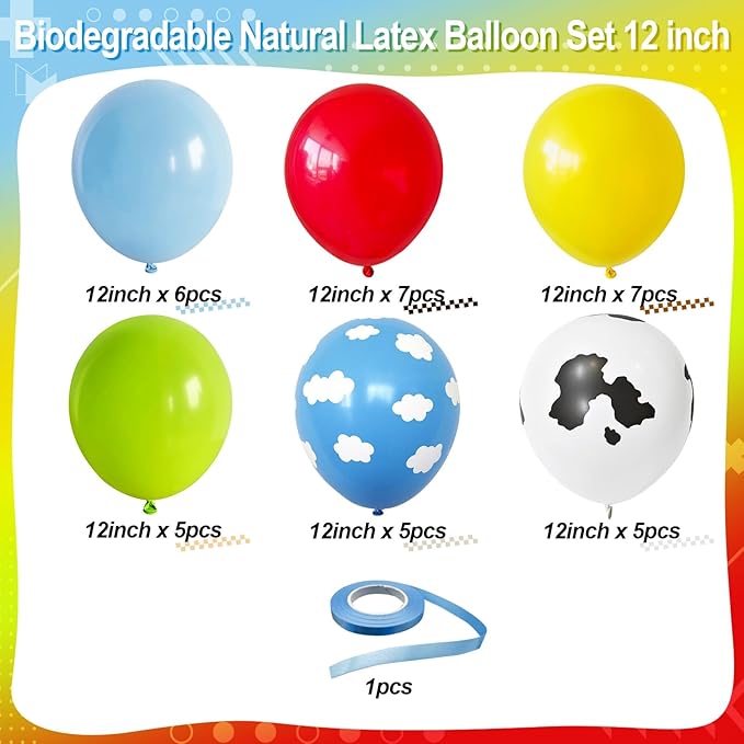Toy Kids Birthday Balloons, 12 Inch Red Yellow Blue balloons With Cow Print Sky Light Blue Cloud Balloon, Lime Green Balloon for Toy Birthday Decorations Boys Girls Party Decorations