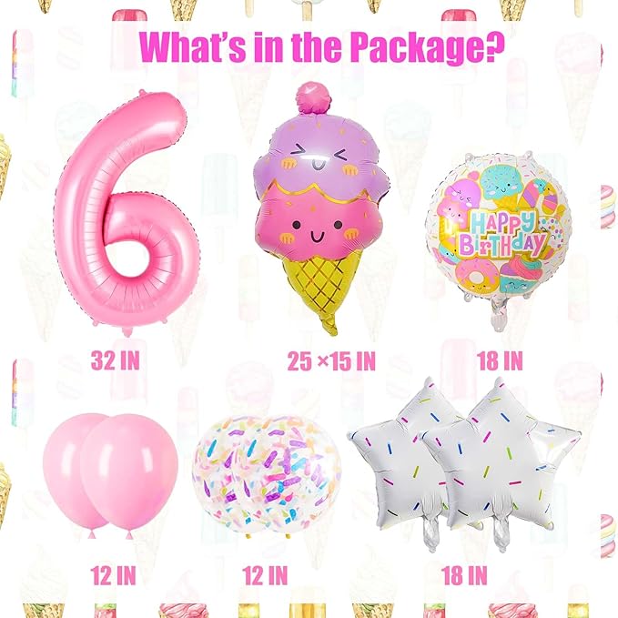 Pink Ice Cream Balloons, Number 6 Balloon, 6 Year Old Girl Birthday Decorations, Ice Cream Balloon for Girls Birthday Party Decoration (6)