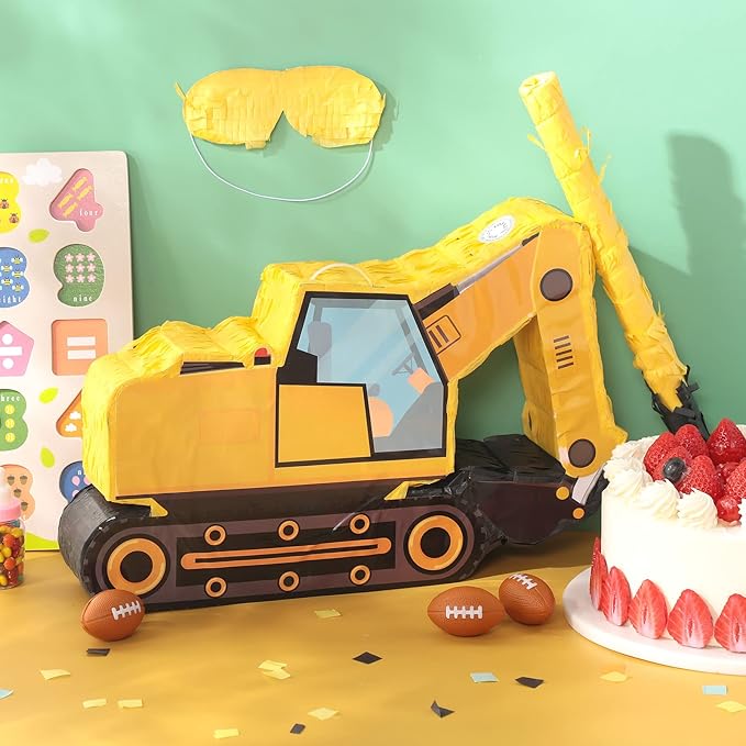 Aoriher Construction Dump Excavator Piñata with Blindfold and Bat Tractor Truck Piñata for Birthday Party Supplies Construction Theme Decor