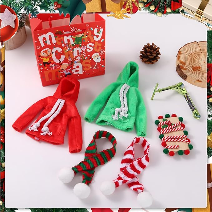6Pcs Christmas Elf Doll Accessories Set for Boys and Girls Elf Clothes Outfit with Sweatshirt,Scarves,Wooden Swing, Novelty Fun Christmas Elf Accessory for Kids Doll Xmas Decorations