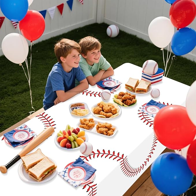 Baseball Tablecloth - White Baseball Tablecloth Plastic Disposable Decorations for Game Day Sports Theme Party Supplies, 4 Pack, 51'' x 86''
