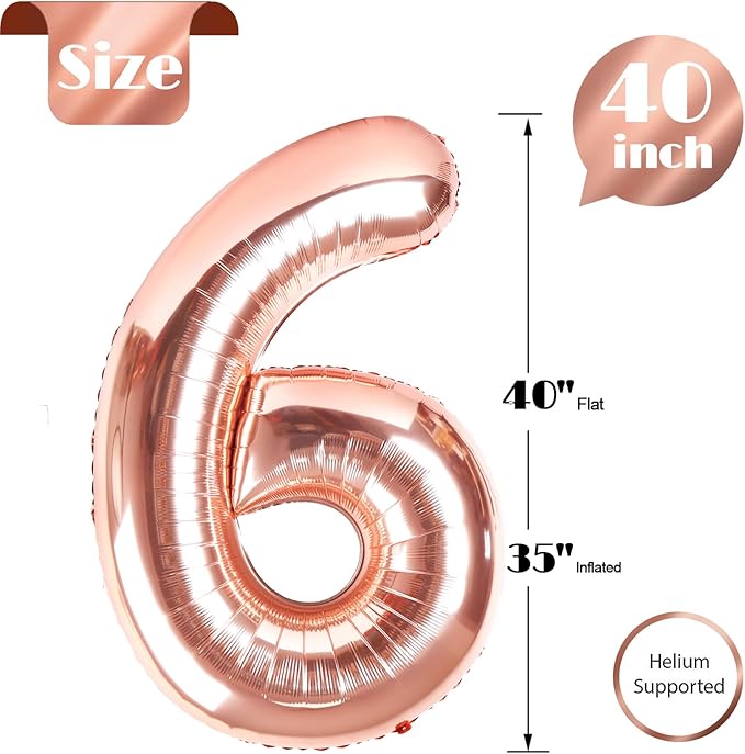 Rose Gold 6 Balloon, Number Balloons 40 Inch, 6th Balloons for Birthday Decorations, Rose Gold Party Supplies 6 Birthday Balloon, Number 6 Balloon