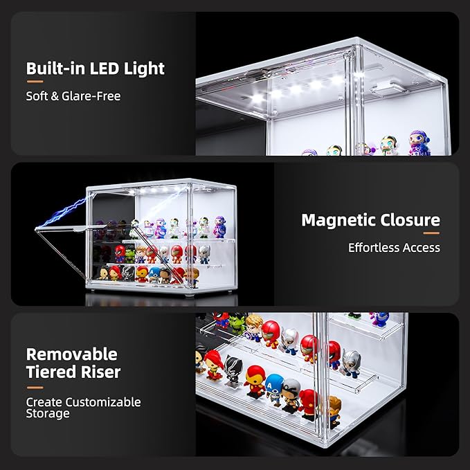 4 Pack Acrylic Display Case for Collectibles with LED Light, 3 Layer Adjustable Figure Display Case with Magnetic Door, Lighted Display Box Stackable Clear Blind Box for Action Figure, Popmart