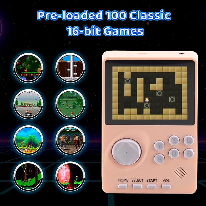 Kids Handheld Video Game Console Built in 100 16-bit Games, Handheld Retro Gaming Console, Trave-Friendly Game Console, 2.8" Color Screen, Rechargeable Battery, Handheld Game for Boy Girl (Pink)
