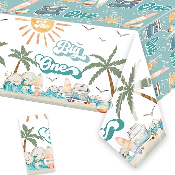 Letromp Surf The Big One Tablecloth Surfing 1st Birthday Table Covers for Hawaiian Palm Tree Retro Summer Beach Wave Theme Boy Surfing First Birthday Baby Shower Party Decorations Supplies