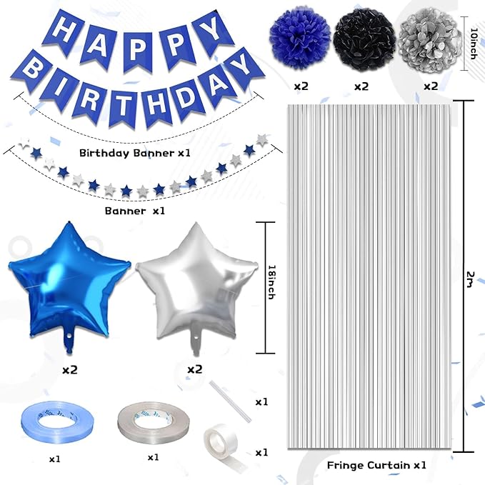 Navy Blue Silver Birthday Decorations for Men - Confetti Balloons, Happy Birthday Banner, Silver Fringe Curtain, Tissue Paper Pompoms, Star Garland