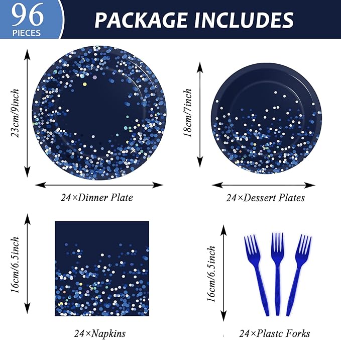 96 Pcs Blue and Silver Party Supplies Dot Confetti Paper Plates Sparkly Glitter Theme Party Decoration Confetti Party Tableware Set Bridal Shower Birthday Party Paper Plate Napkin Fork 24 Guests