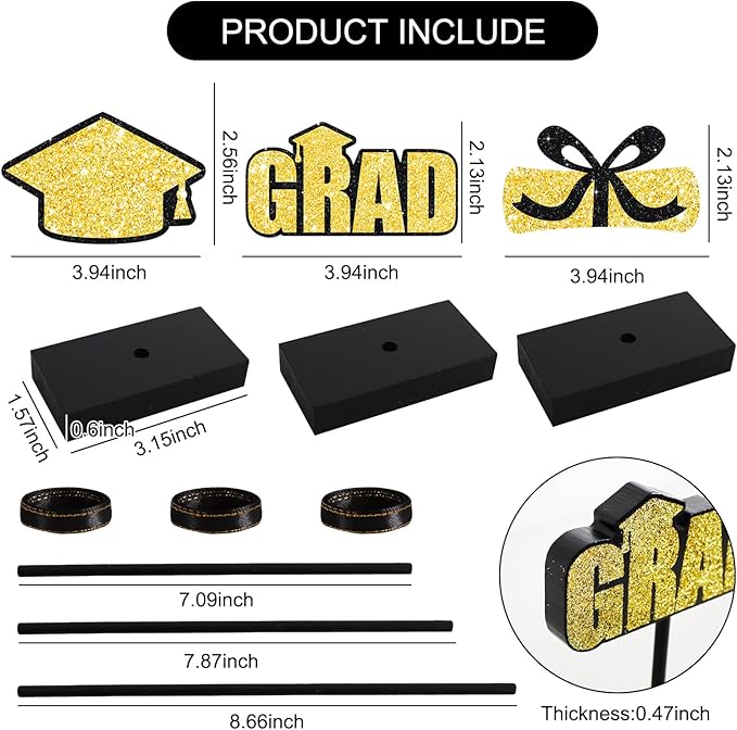 Black Gold Glitter Centerpieces for 2026 Graduation Decorations,Wooden Signs Grad Table Topper,Graduation Table Decorations for Class Of 2026 Party Decor and Party Favor(3 Pcs)