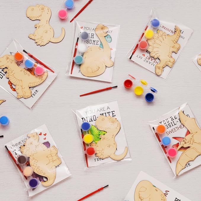 GOGREENWOVEN 24 Pack Dinosaur Party Favors for Kids - DIY Dinosaur Wood Painting Craft Kit with Thank You Cards - Dino Birthday Goodie Bag Fillers & Art Supplies for Boys and Girls