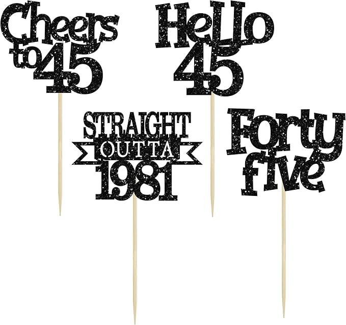 Ephlyn 24Pcs 45th Birthday Cupcake Toppers Glitter Straight Outta 1981 Cupcake Picks Hello 45 Cheers to 45 Years Cake Decorations for 45th Birthday Anniversary Party Decorations Supplies Black