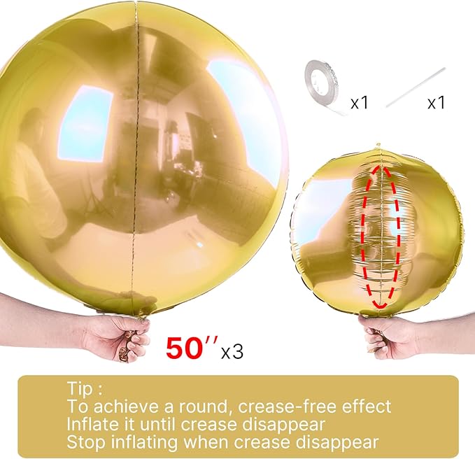 PartyWoo Metallic Gold Foil Balloons 3pcs 50 Inch Large Round Foil Big Giant 4D Jumbo Inflatable Mirror Ball Mylar Balloons for Graduation Birthday Baby Shower Anniversary Tea Party Decorations