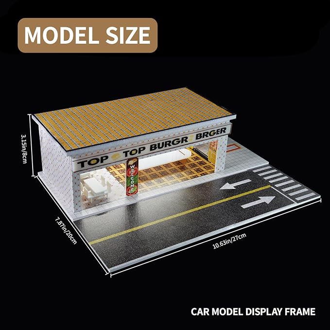 1/64 Model Car Display Shop Case for Adults, Premium in-House-Design Scale Diecast Parking Garage for Toy Cars, Toys Car Garage, Scenic Diorama Display Car Park with ith LED Lamps, Gifts for Men