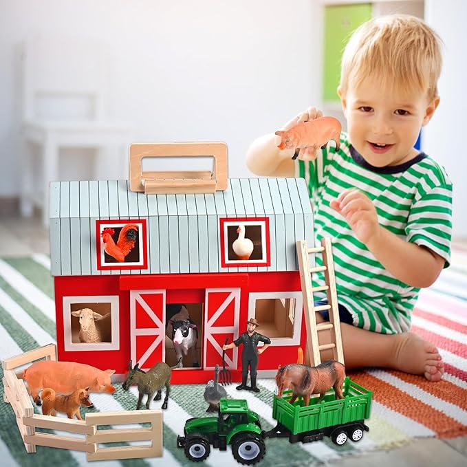 Wooden Barn Toys, Play Barn with 12 Animal Play Figures for 3+ Years Old, Toy Barn and Farm Animals，Wooden Barn Playset for Christmas Birthday Gift for Boys Girls