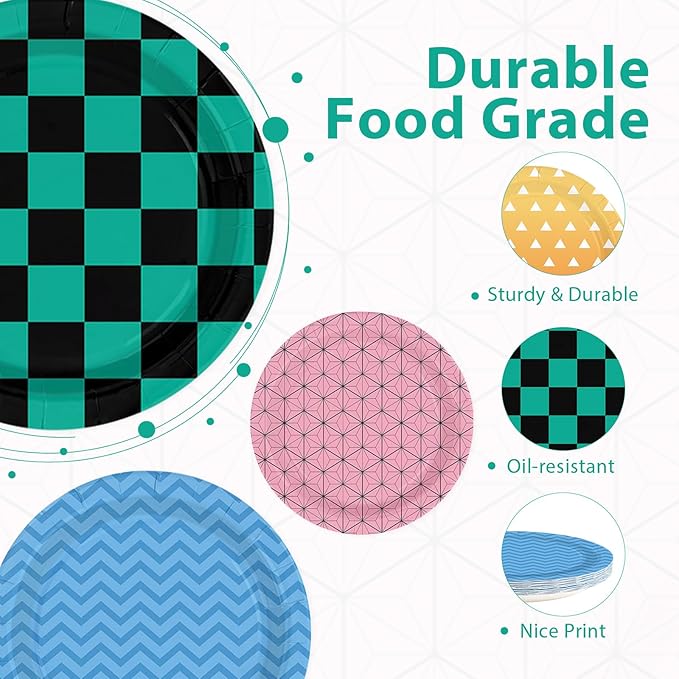 60Pcs Demon Party Paper Plates 7 Inch Disposable Heavy Duty Anime Demon Themed Birthday Dessert Plates Cartoon Film Comic Theme Decorations for Boys Girls Birthday Party Supplies