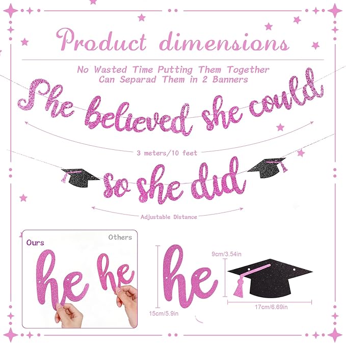She Believed She Could So She Did Banner - Pre-Strung Glitter Graduation Decorations 2026 for Women Girls, Inspirational Grad Party Supplies, Class of 2026 College High School Masters PhD Decor (Pink )