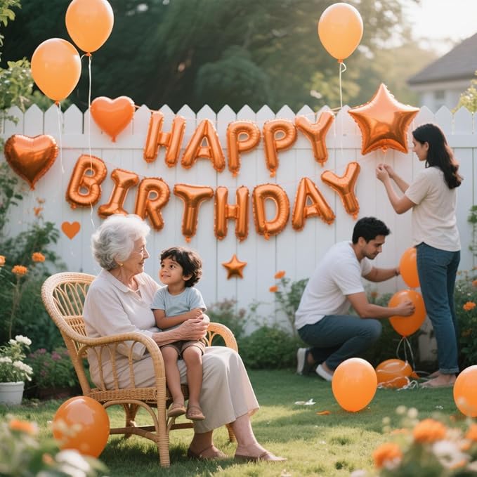 27 Pcs Orange Birthday Decorations, 3D Letters Orange Happy Birthday Balloon Banner, Pentagram Heart Foil Balloons Confetti Balloons Kit For Boys Girls Party Supplies