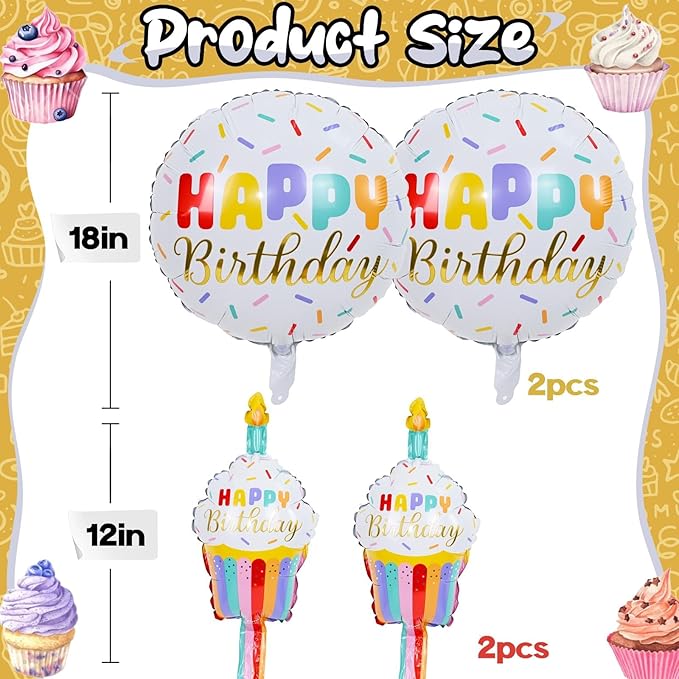 Happy Birthday Cupcake Cute Foil Balloons, Rainbow Sprinkle Happy Birthday Inflatable Mylar Round Balloon and Mini Cupcake Helium Balloons for Kids Children Girls Sweet birthday Party Decorations