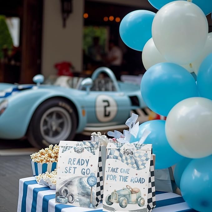 Race Car Party Favor Bags - 24 Pcs with Stickers - Watercolor Race Car Themed Birthday Party Supplies