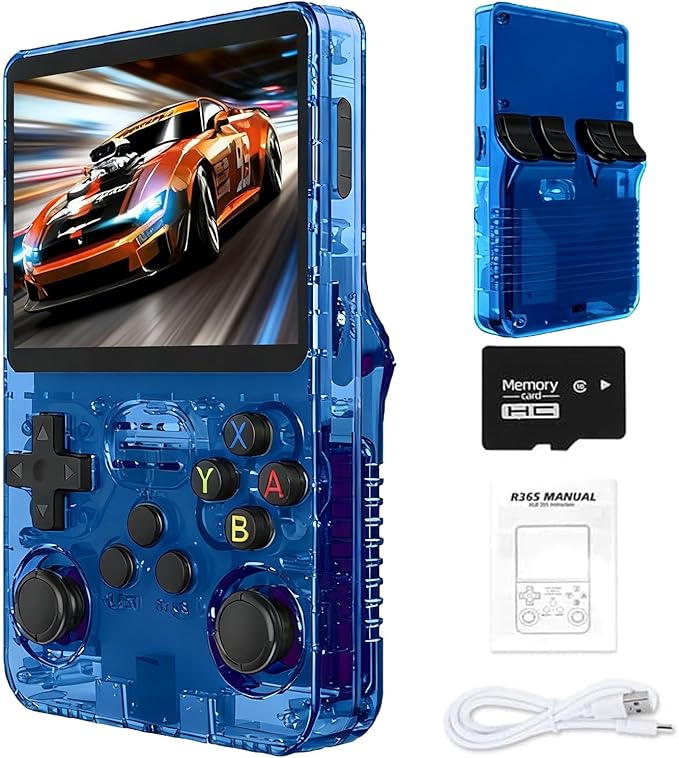 Retro Handheld Game Console R36S, 3.5-Inch HD IPS Screen 3200mAh Battery, 128G Built-in 20000+ Games 20+ Emulators, HDMI TV Output for Classic Game Play (Transparent Blue +64G)