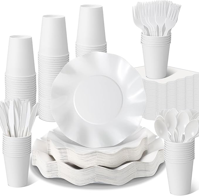 350 Pcs Scallop White Party Supplies, 50 Guests Disposable Paper Plates Paper Cups Cutlery Napkins Dinnerware Set for Wedding, Birthday, Baby Shower, Outdoor (scallop Wave 2, White)