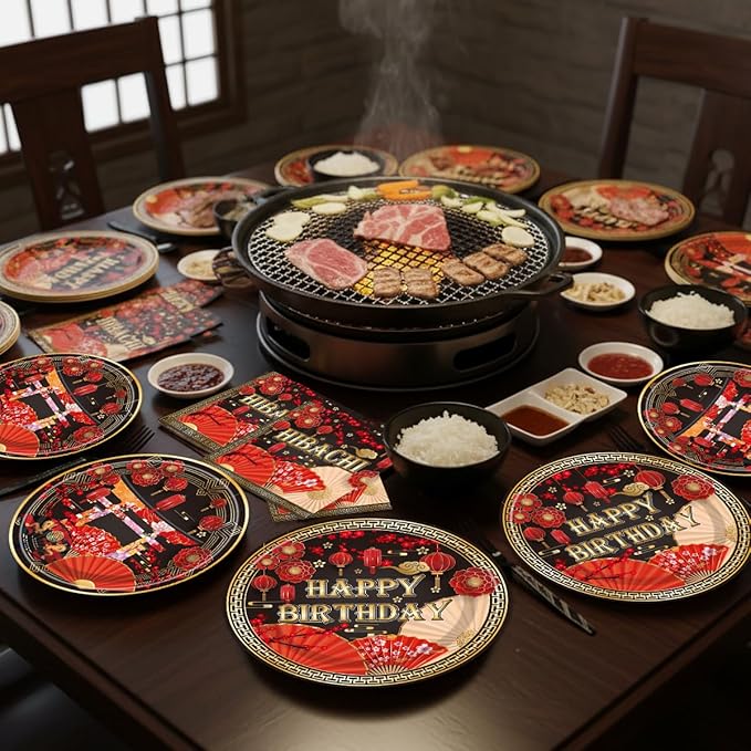 96PCS Hibachi Plates and Napkins Party Supplies Hibachi Japanese Birthday Party Decorations Asian Japanese Style Themed Disposable Paper Tableware Set Serves 24 Guests