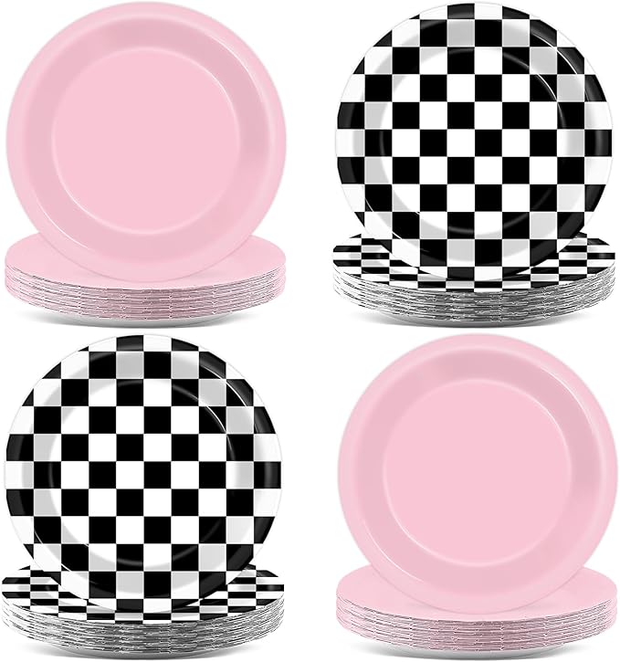 48Pcs Pink Checkered Birthday Paper Plates for Racing Car Theme Party Supplies 7" Hot Pink Race Car Disposable Black White Checkered Plates for Kids Girls Birthday Baby Shower Party Decorations