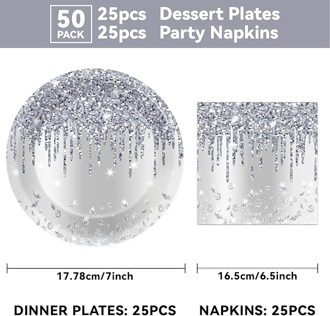 50 Pcs Silver Glitter Disposable Party Plates and Napkins Glitter Diamonds Happy Birthday Party Supplies for 25 Guests Table Decorations for Wedding Silver Birthday Decorations Paper Plates Napkins