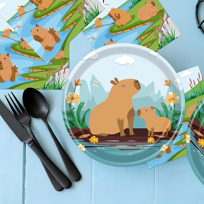 Rakuto Capybara Birthday Party Decorations - 50PCS Disposable Capybara Plates and Napkins Decor, Cute Animals Themed Dinnerware Set Party Favors Tableware Supplies Serve 25