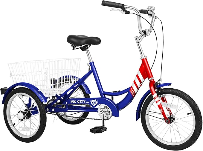 MOPHOTO 16 Inch Small Tricycle for Beginner Riders, Low Step-Through 3 Wheel Bike, Single Speed Trike with Hand Brakes, Adjustable Seat and Rear Basket, Fits Heights 3'9" to 4'9"