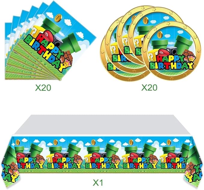 FOR Mario Party Tableware, 20 Plates and 20 Napkins and Tablecloth71 '' x 42 ''Super Bros Birthday Party Decorate Supplies