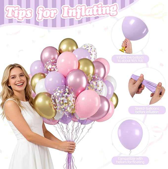 FunHot Pink Purple Balloons, 50 Pcs Metallic Gold Pink Balloon, 12 Inch Pastel Purple Colorful Confetti Latex Balloons for Girls Baby Shower Wedding Women Birthday Anniversary Butterfly Party Decor