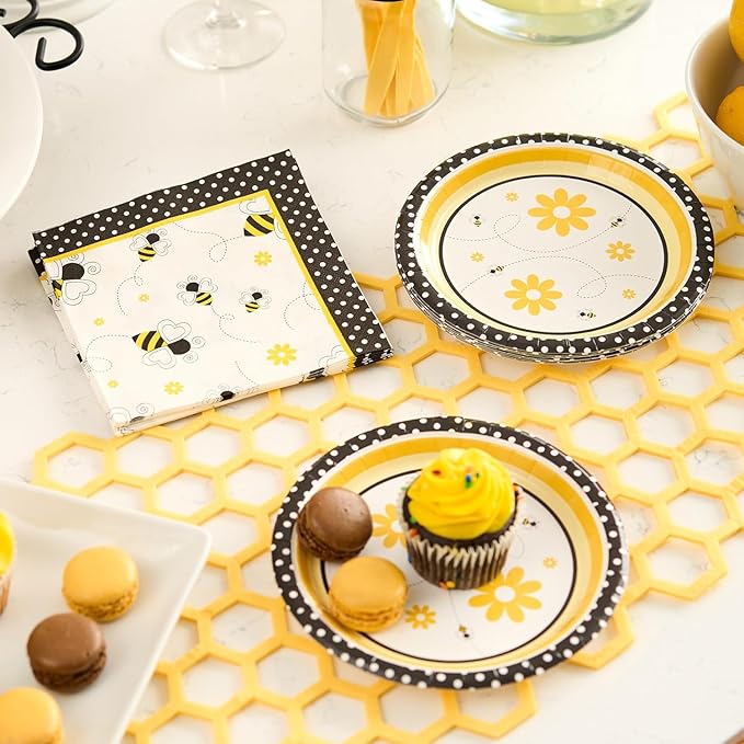 Royal Bluebonnet Bumble Bee Paper Plates - Set of 24-9 and 7 inch Plates, Napkins, and Cups What Will it Be Party Supplies, Sturdy 400 GSM Weighted Bee Baby Shower Decorations, Birthday