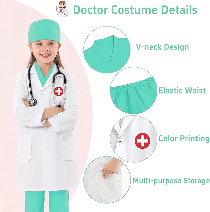 Doctor Costume for Kids 9PC Boys Girls Doctor Role Play Outfit with Bag Kids Scrubs Dress Up for Pretend Play