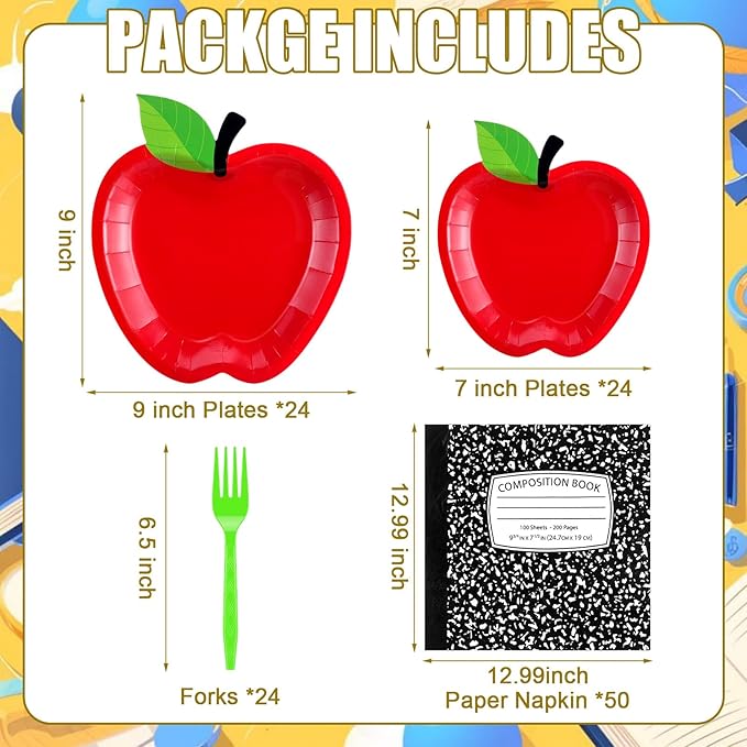 122 Pcs Back to School Party Supplies Set for 24 Guests, 9 Inch 7 Inch Apple Paper Plates Napkins and Forks School Theme Tableware Set for Teacher Appreciation Classroom Party Decorations