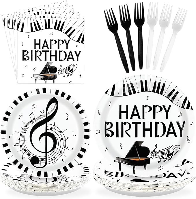 96Pcs Piano Happy Birthday Decoration Piano Music Themed Plates and Napkins Music Notes Keys Piano Disposable Paper Tableware Set for Adults Kids Musicians Birthday Party Supplies Serves 24