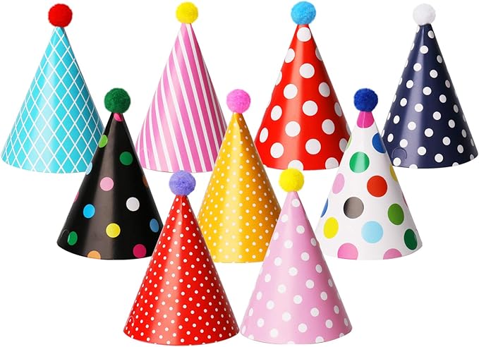 Party Hats for Kids Birthday Hats, DIY Mini Cone and Crown Set with Pom Poms, Small Paper Caps for Stuffed Animals, Pets or Toddler Decorations, Assorted Rainbow Colors