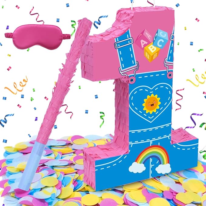 Pink Party Decorations,15.7‘’ Pink Number 1 Pinata with Stick Blindfold Confetti for Girls Boys 1st Anniversary Party Decorations & Supplies(1st)