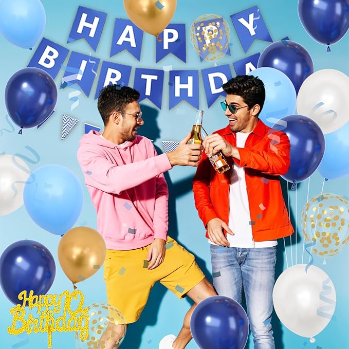 15th Birthday Decorations, Dark Happy Birthday Party Decorations With Number 15 Balloons Metallic Gold Pearl White Light Blue Fringe Curtain Banner Cake Topper For Boy Girl Party Supplies