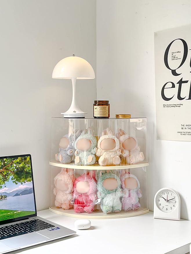 Half-Moon Clear Toy Organizer Compatible with Labubu - Corner Storage Box for 7 Inch Collectibles, Stackable Display Case with Dust-Proof Lid & Accessory Shelf