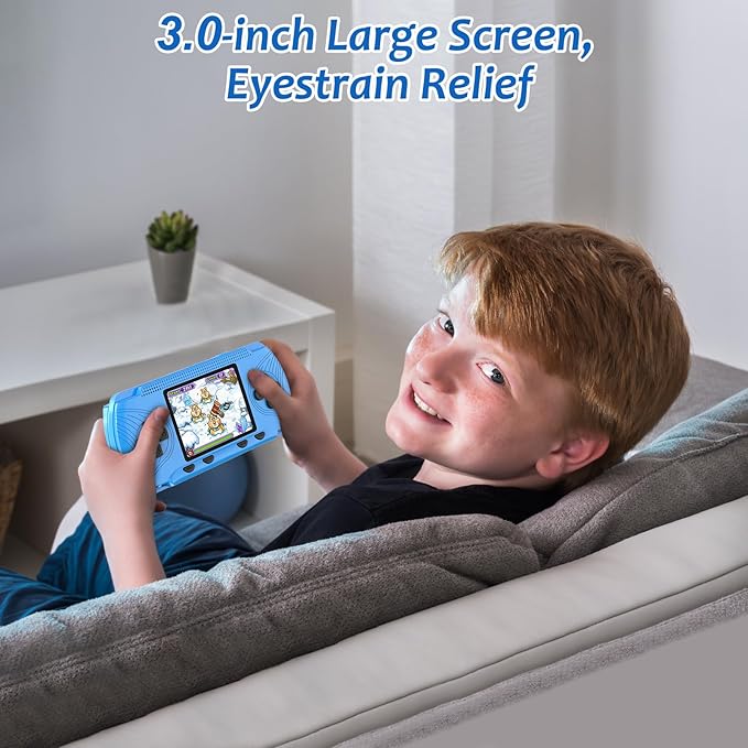 Handheld Game for Kids - Preloaded 258 Retro Video Games & 3 Cartridges, 3.0" HD LCD Screen, Portable Gaming Player with Rechargeable Battery, Birthday Xmas Gift for Boys Girls 4-12, Blue