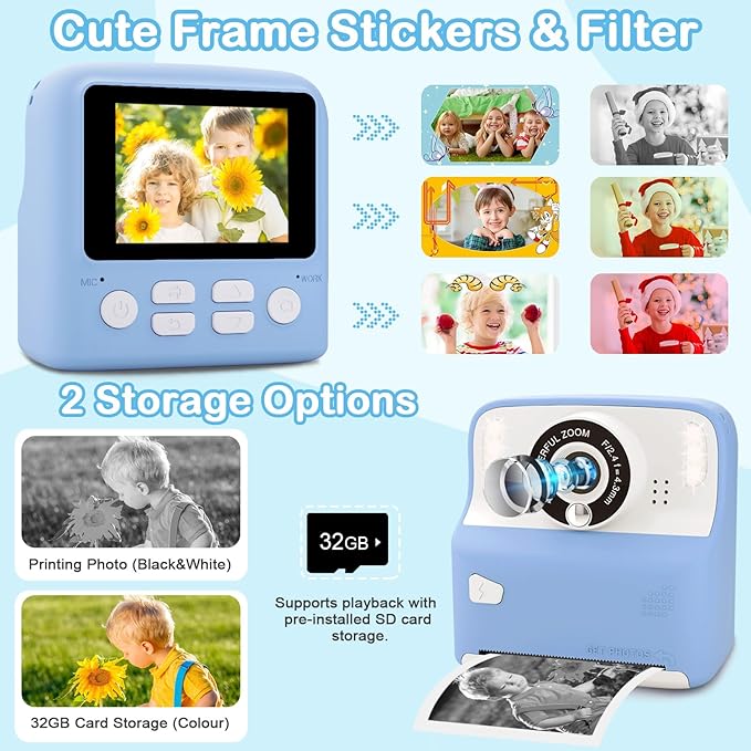 Instant Print Camera for Kids, Christmas Birthday Gifts for Age 3-12, 2.4 Inch Screen Children Selfie Digital Camera, Toddlers Portable Travel Toys for 3 4 5 6 7 8 9 10 Year Old Girls Boys (Blue)
