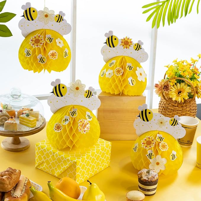 SUNBEAUTY 4PCS Honey Bee Honeycomb Centerpieces Decorations Yellow Bee Honeycomb Table Centerpieces with Sunflower Stickers for Baby Shower Birthday Gender Reveal Birthday Decoration