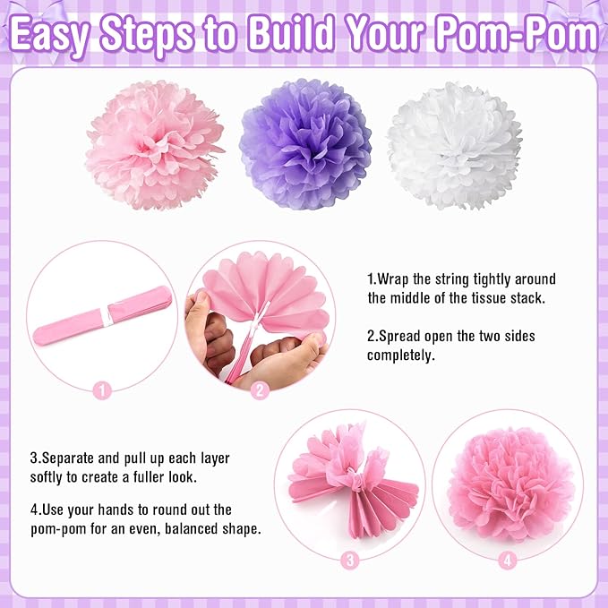 Purple Pink Bow Birthday Decorations for Women Girls, Happy Birthday Balloon Banner with Bow and Heart Foil Balloons Fringe Curtain Tissue Paper Pompoms Garland Party Supplies