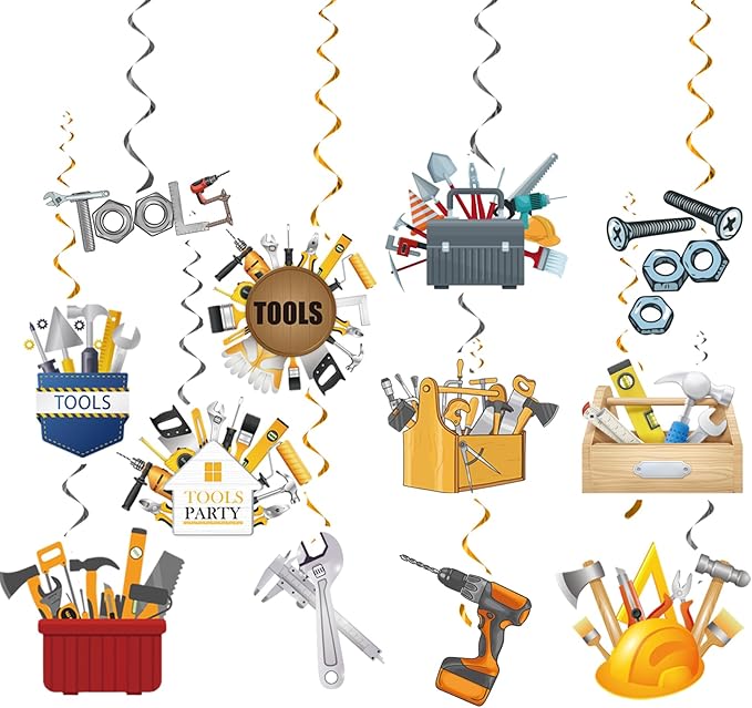 24 Pcs Tools Hanging Decorations Tools Hanging Swirls Ceiling Swirls Tools Birthday Party Supplies for Tools Party Decorations Toolbox Decorations
