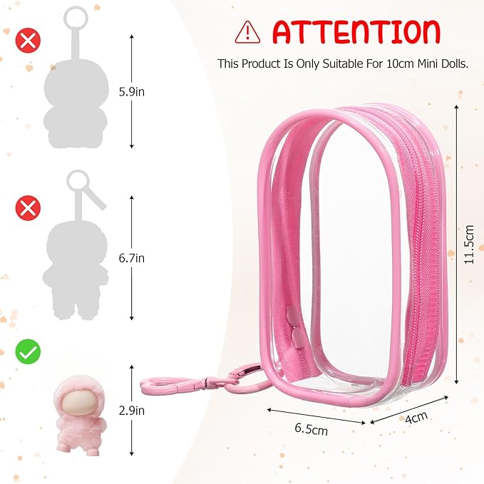 Clear Protective Case Display Accessories for 4.13 Inch 10cm 4.0 Series Plush Doll with Keychain, PVC Hanging Storage Case Cover Doll Storage Bag Figures Dolls Collectible Toys(Pink)