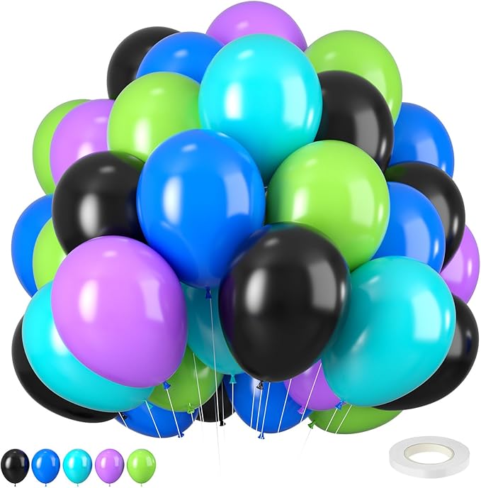 Green Purple Teal Balloons, 12 inch Green Purple Teal Blue Black Balloons for Boys Girls Monsters Theme Birthday Party Baby Shower Wedding Bridal Shower Decorations