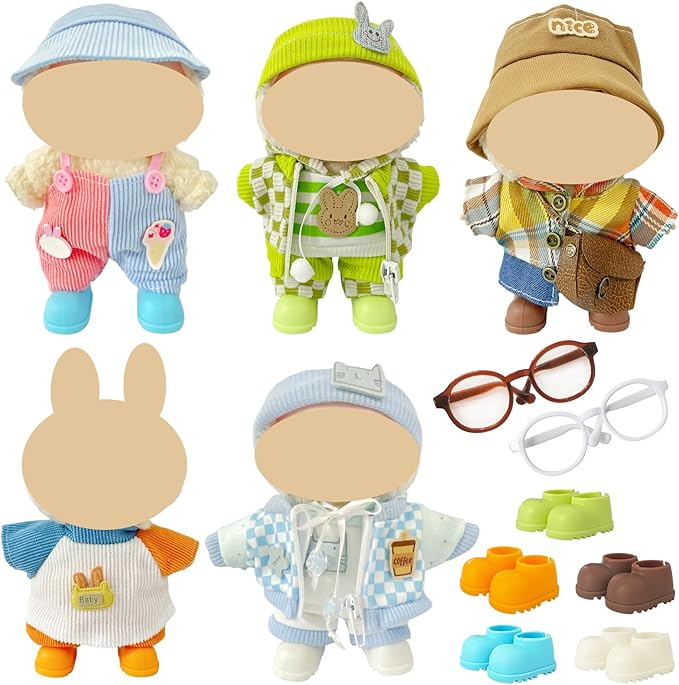 5 Casual Outfit Sets for 17cm Dolls – Colorful Clothes with Hats, Glasses, and Matching Shoes, Cool Dress Up Accessories for 17 cm Doll Play and Display, (No Dolls)