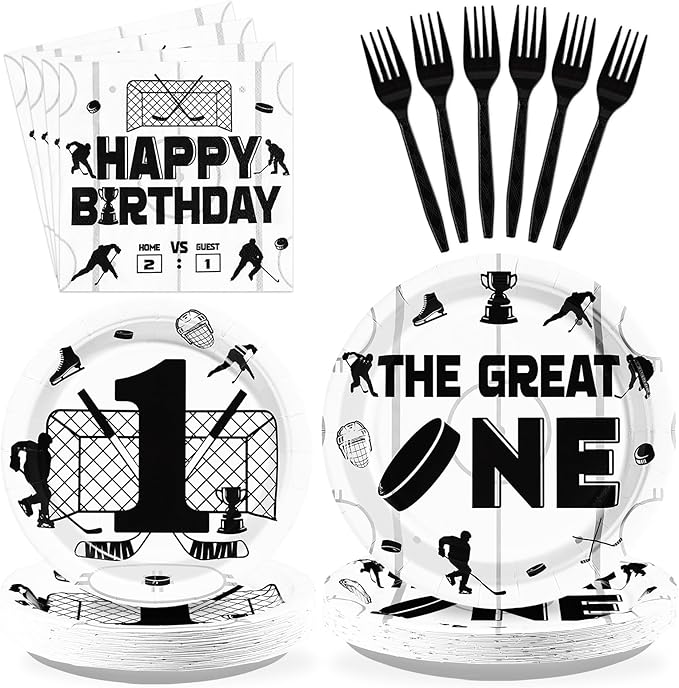 96 Pcs Ice Hockey 1st Birthday Party Supplies The Great Hockey Party Plates and Napkins Disposable Sports Games Themed Tableware Set for Kids Boys One Year Old Birthday Decorations Serves 24