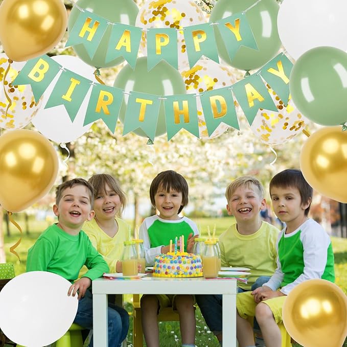 Happy Birthday Banner, Green Birthday Decoration, 16 Pcs 12in Happy Birthday Balloons with 2 Ribbons for Men Women Girls and Boys Birthday Party Decoration